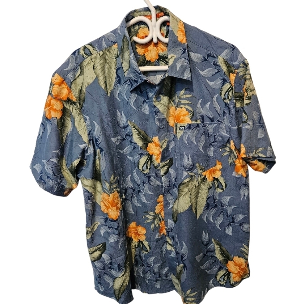 Point Zero Blue and Orange Floral Men's Hawaiaan Print Shirt​​​​